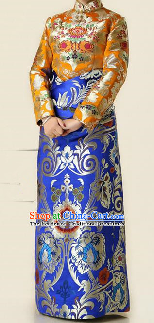 Chinese Traditional Zang Nationality Blue Brocade Robe, China Tibetan Ethnic Heishui Dance Costume for Women