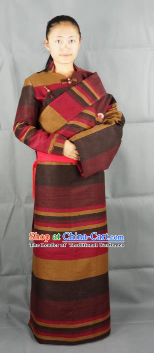 Chinese Zang Nationality Red Woolen Tibetan Robe, China Traditional Tibetan Ethnic Heishui Dance Costume for Women