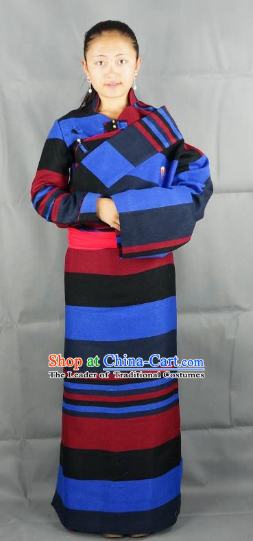 Chinese Zang Nationality Blue Woolen Tibetan Robe, China Traditional Tibetan Ethnic Heishui Dance Costume for Women