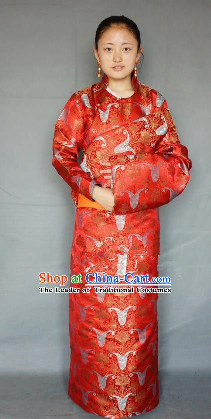 Chinese Zang Nationality Red Tibetan Robe, China Traditional Tibetan Ethnic Heishui Dance Costume for Women
