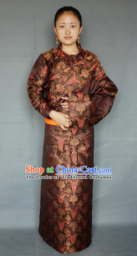 Chinese Zang Nationality Brown Tibetan Robe, China Traditional Tibetan Ethnic Heishui Dance Costume for Women
