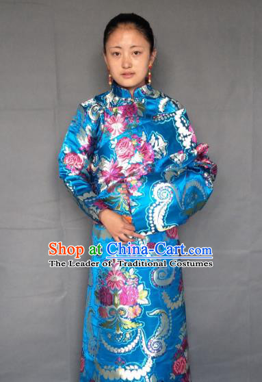 Chinese Zang Nationality Blue Tibetan Robe, China Traditional Tibetan Ethnic Heishui Dance Costume for Women