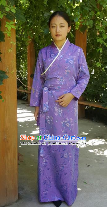 Chinese Zang Nationality Lilac Tibetan Dress, China Traditional Tibetan Ethnic Heishui Dance Costume for Women
