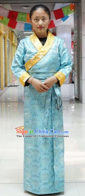 Chinese Zang Nationality Blue Tibetan Dress, China Traditional Tibetan Ethnic Heishui Dance Costume for Women