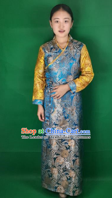 Chinese Zang Nationality Blue Dress, China Traditional Tibetan Ethnic Heishui Dance Costume for Women