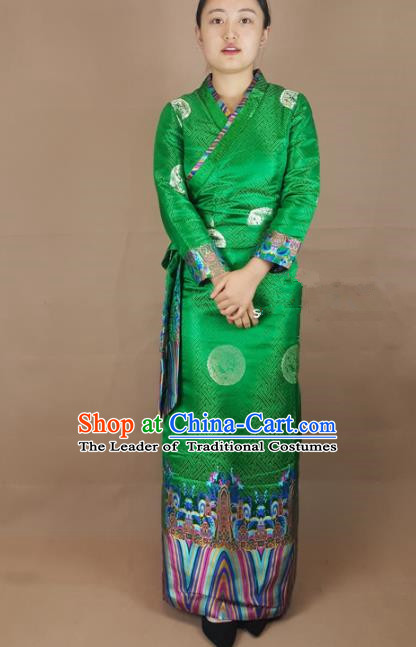 Chinese Zang Nationality Green Brocade Dress, China Traditional Tibetan Ethnic Heishui Dance Costume for Women