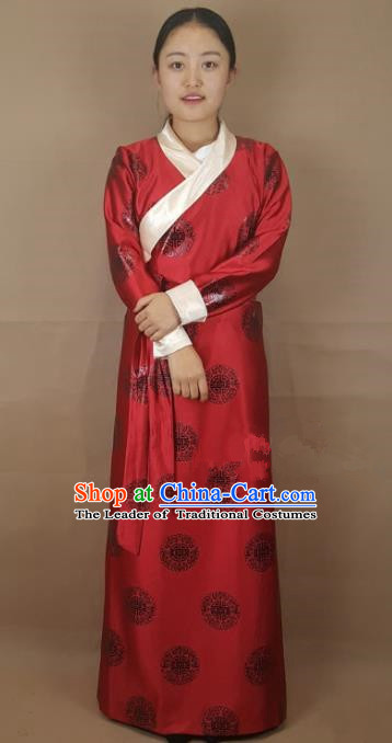 Chinese Zang Nationality Folk Dance Red Brocade Tibetan Robe, China Traditional Tibetan Ethnic Costume for Women