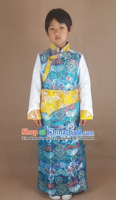 Chinese Traditional Zang Nationality Children Blue Tibetan Robe, China Tibetan Ethnic Heishui Dance Costume for Kids