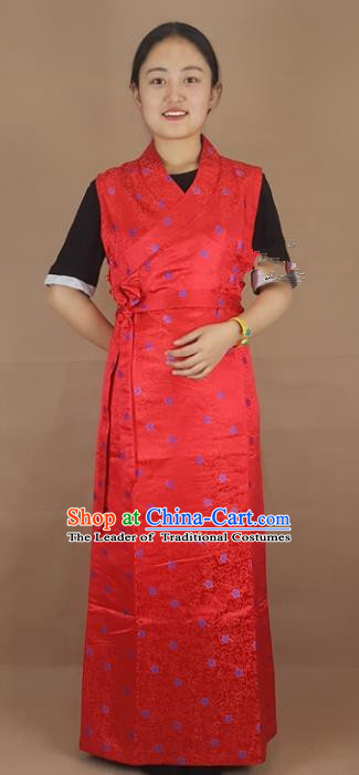 Chinese Zang Nationality Folk Dance Red Brocade Dress, China Traditional Tibetan Ethnic Costume for Women