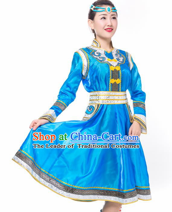 Traditional Chinese Mongol Nationality Costume, Mongolian Female Folk Dance Blue Dress Clothing for Women