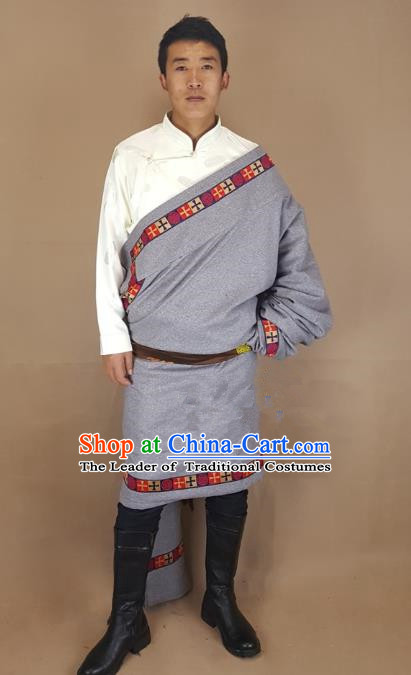 Chinese Traditional Zang Nationality Grey Tibetan Robe, China Tibetan Ethnic Heishui Dance Costume for Men