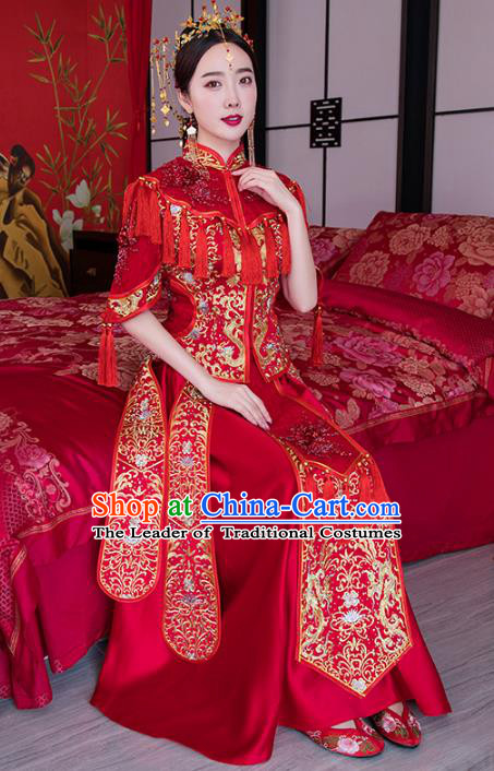 Chinese Ancient Wedding Costume Traditional Bride Xiuhe Suit Embroidered Red Full Dress for Women