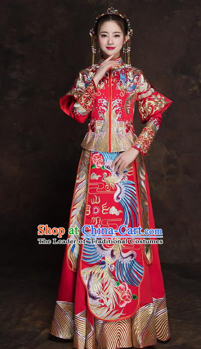 Chinese Traditional Wedding Costume Ancient Bride Embroidered Xiuhe Suit Red Full Dress for Women