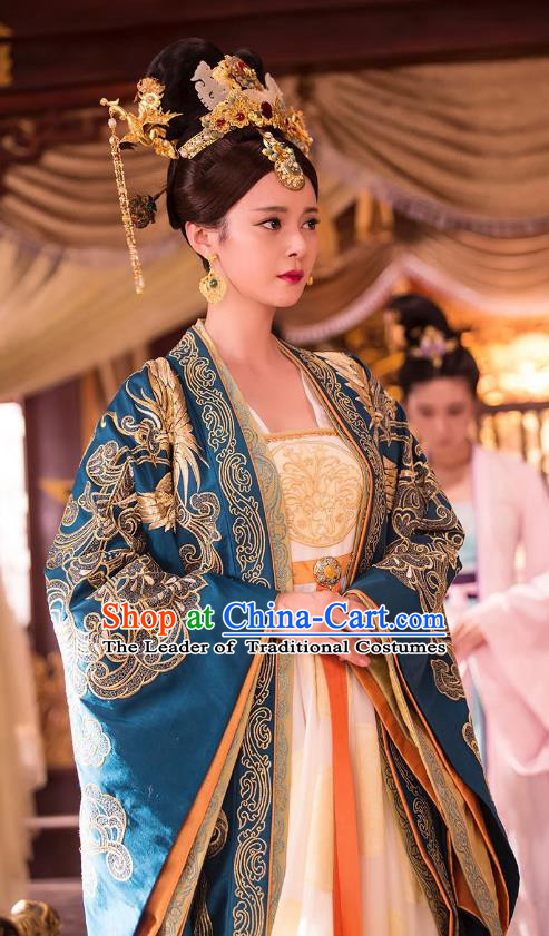 Chinese Ancient Empress Hanfu Dress Northern and Southern Dynasties Palace Queen Embroidered Replica Costumes and Headpiece Complete Set