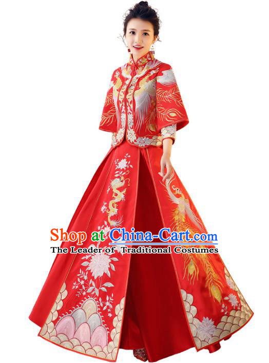Chinese Traditional Wedding Toast Costume Ancient Bride Embroidered Xiuhe Suit Full Dress for Women