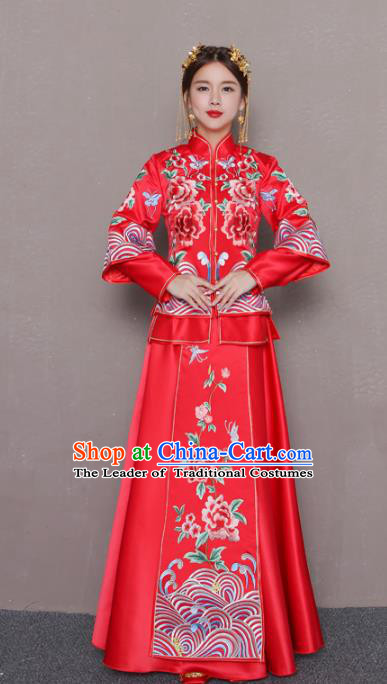 Chinese Traditional Wedding Bottom Drawer Ancient Bride Costume Embroidered Peony Xiuhe Suit Full Dress for Women