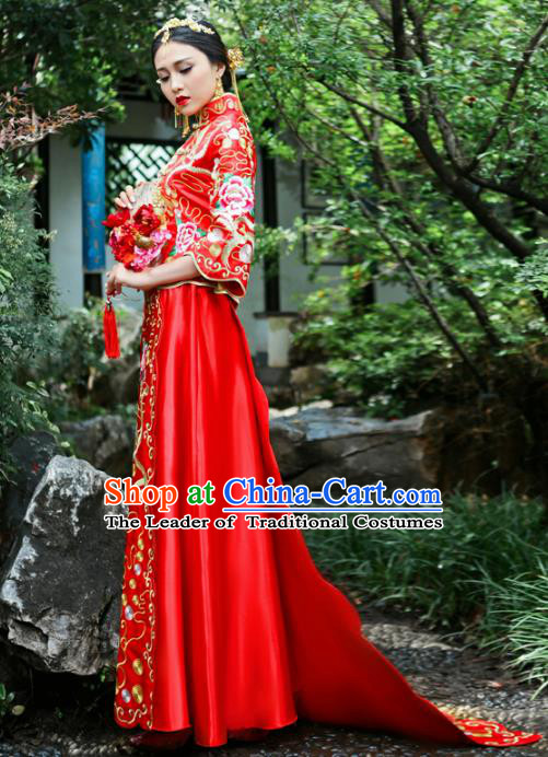 Chinese Traditional Wedding Bottom Drawer Ancient Bride Costume Embroidered Xiuhe Suit Cheongsam for Women