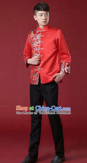 Chinese Traditional Wedding Embroidered Costume Ancient Bridegroom Red Mandarin Jacket Tang Suit Clothing for Men