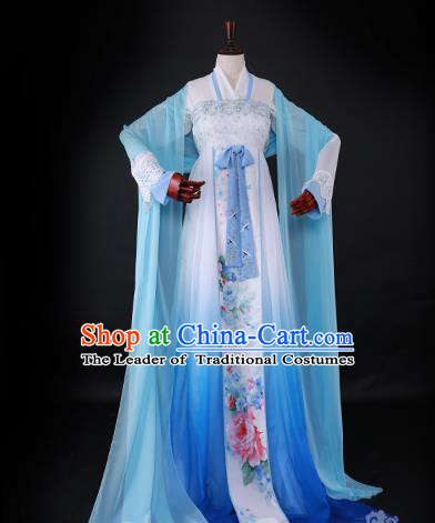 Chinese Ancient Princess Hanfu Dress Han Dynasty Palace Lady Embroidered Blue Costume for Women