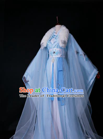 Traditional Chinese Princess Embroidered Costume Ancient Han Dynasty Imperial Concubine Blue Hanfu Dress for Women