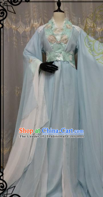 Chinese Ancient Fairy Costume Cosplay Swordswoman Clothing Knight Princess Blue Hanfu Dress for Women