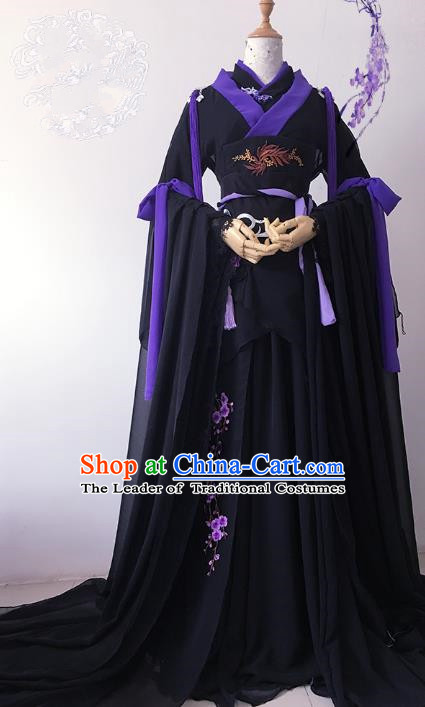 Chinese Ancient Cosplay Queen Costume Han Dynasty Empress Embroidered Black Hanfu Dress for Women