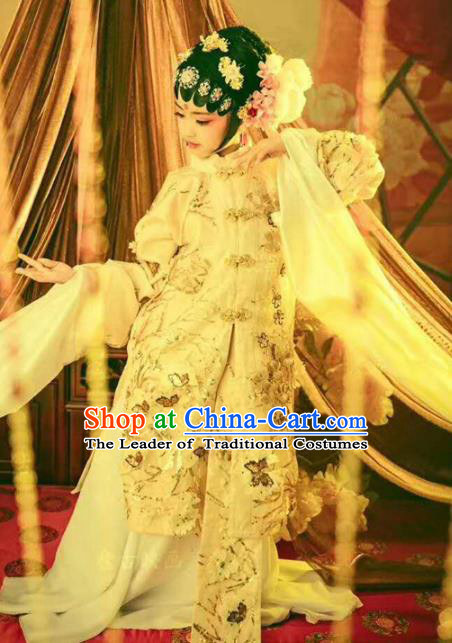 Chinese Ancient Princess Embroidered Costume Beijing Opera Actress Hanfu Dress and Headpiece for Kids