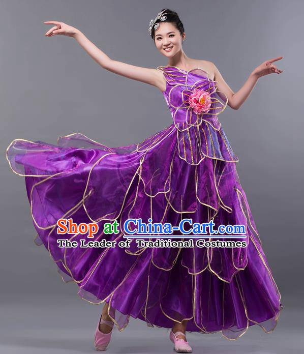 Top Grade Stage Performance Costume Chorus Singing Group Opening Modern Dance Purple Bubble Dress for Women