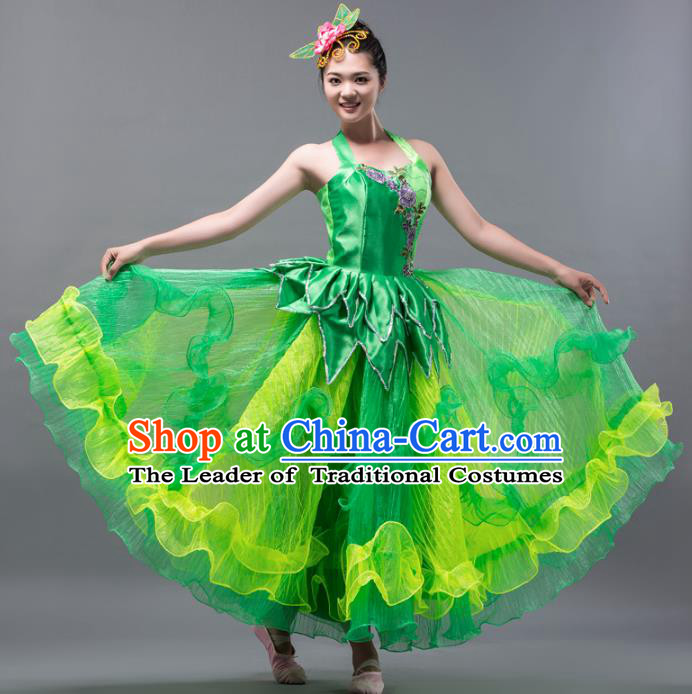 Top Grade Stage Performance Folk Dance Costume Chorus Modern Dance Green Bubble Dress for Women