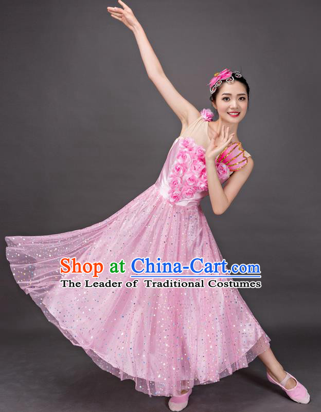 Top Grade Stage Performance Folk Dance Costume Chorus Modern Dance Pink Dress for Women