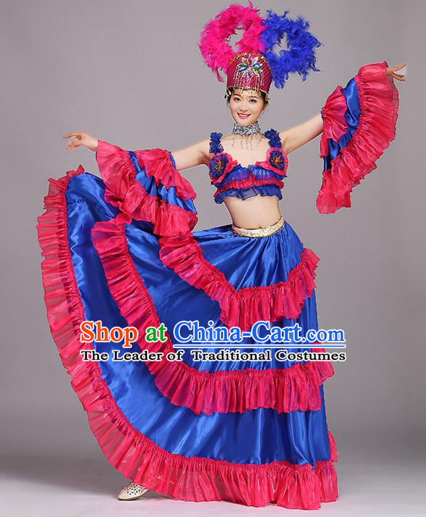 Top Grade Stage Performance Costume Chorus Modern Dance Blue Dress and Headpiece for Women