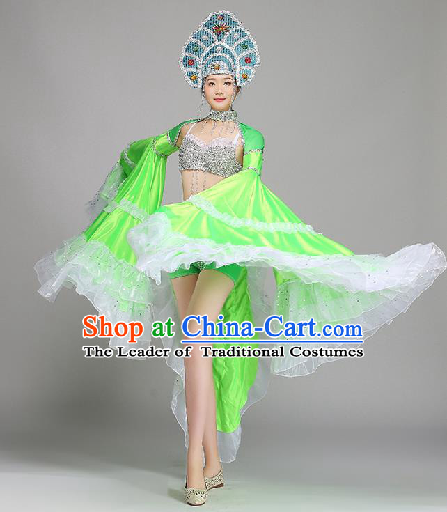 Top Grade Stage Show Costume Chorus Modern Dance Green Dress and Headpiece for Women