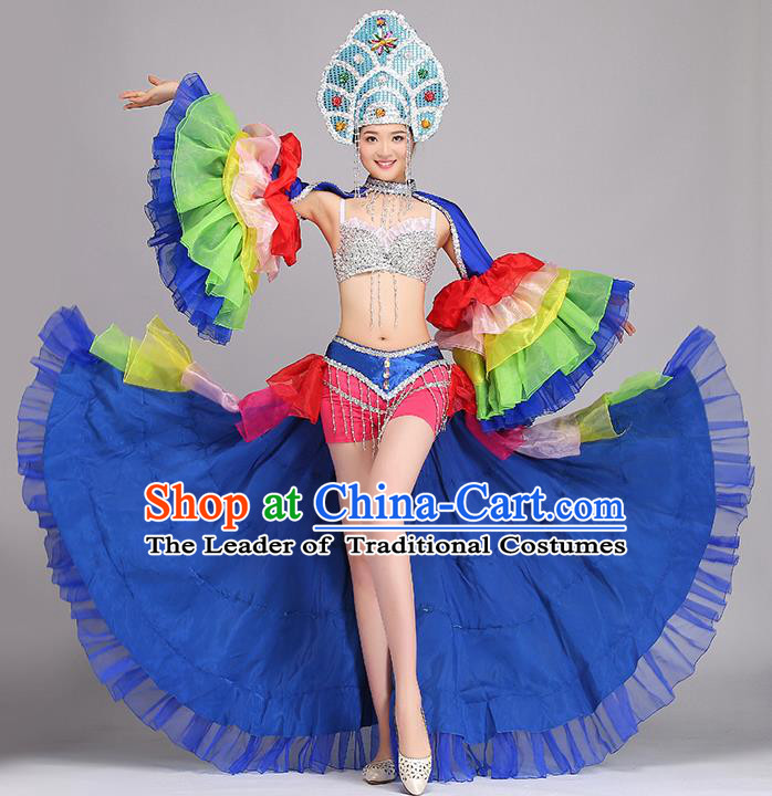 Top Grade Stage Show Costume Chorus Modern Dance Blue Dress and Headpiece for Women