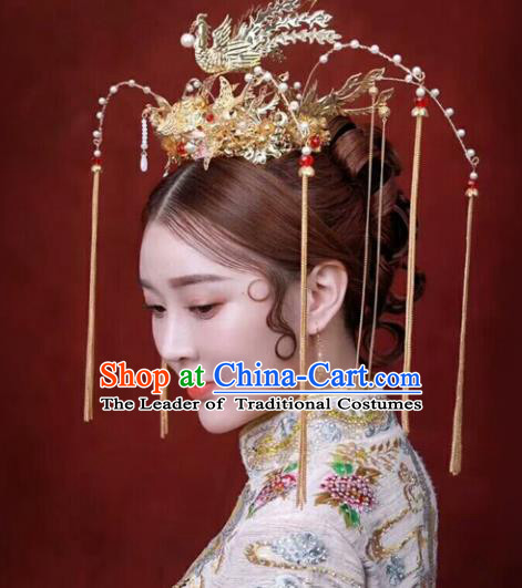 Chinese Traditional Hair Accessories Bride Xiuhe Suit Phoenix Coronet Ancient Tassel Hairpins for Women