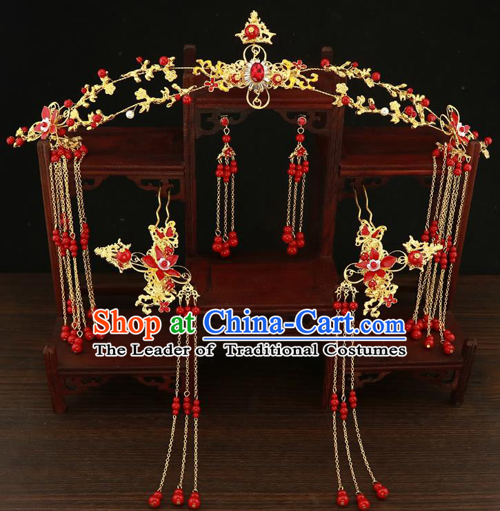 Chinese Traditional Xiuhe Suit Hair Accessories Ancient Handmade Red Beads Tassel Hairpins Complete Set for Women