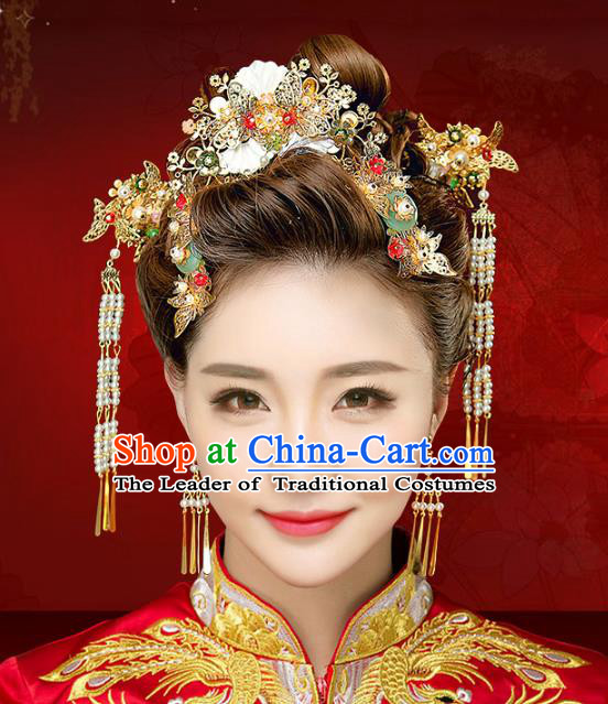 Chinese Traditional Xiuhe Suit Hair Accessories Shell Hair Comb Ancient Hairpins Complete Set for Women