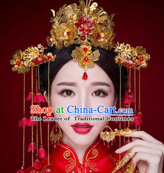 Chinese Traditional Wedding Xiuhe Suit Phoenix Coronet Hair Accessories Ancient Hairpins Complete Set for Women