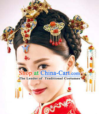 Chinese Traditional Wedding Blueing Hair Clips Xiuhe Suit Hair Accessories Ancient Hairpins Complete Set for Women