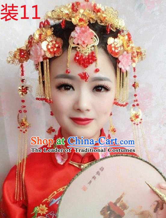 Chinese Traditional Wedding Xiuhe Suit Hair Accessories Tassel Step Shake Ancient Hairpins Complete Set for Women