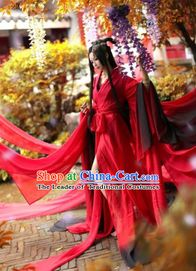Chinese Ancient Cosplay Swordswoman Costume Jin Dynasty Female Knight Red Hanfu Dress for Women