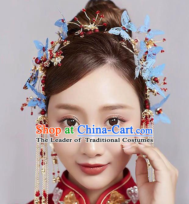 Chinese Traditional Handmade Hair Accessories Ancient Blue Butterfly Phoenix Coronet Hairpins Complete Set for Women