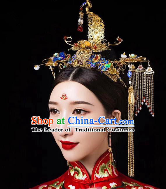 Chinese Ancient Handmade Hair Accessories Traditional Cloisonne Phoenix Coronet Hairpins for Women