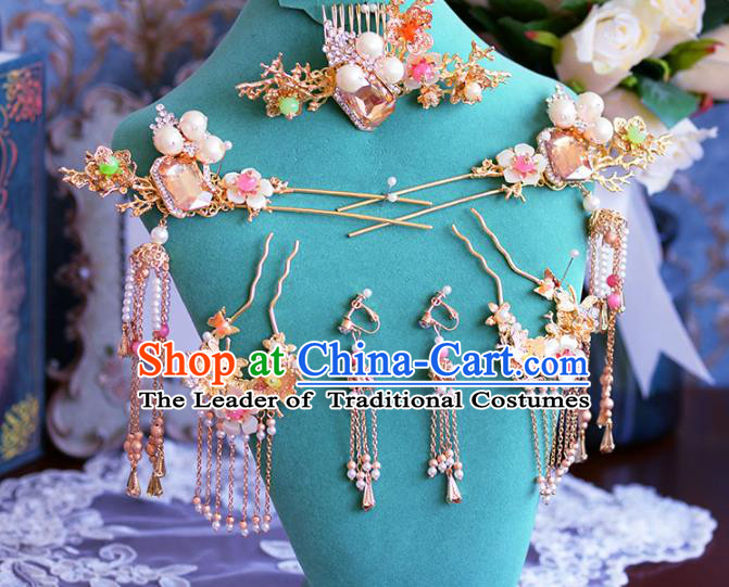 Chinese Ancient Handmade Hair Accessories Traditional Xiuhe Suit Hair Comb Tassel Hairpins for Women