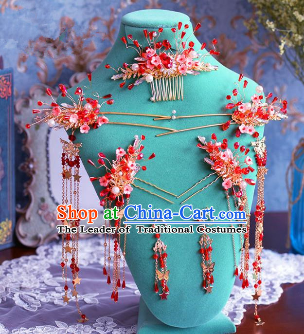 Chinese Ancient Handmade Hair Accessories Traditional Xiuhe Suit Red Beads Hair Comb Tassel Hairpins for Women