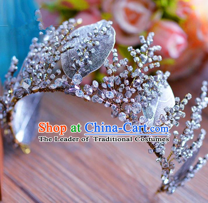 Top Grade Handmade Baroque Leaf Royal Crown Bride Zircon Hair Imperial Crown for Women