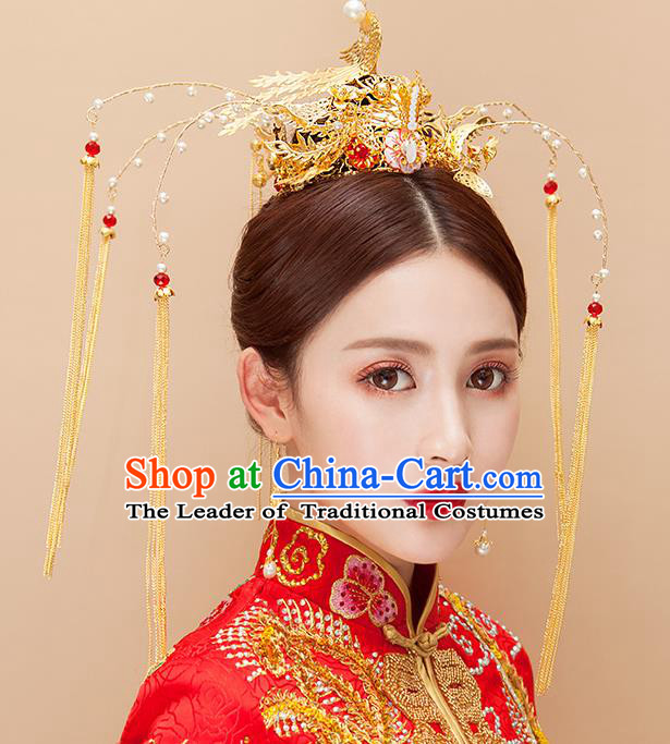Chinese Ancient Handmade Golden Phoenix Coronet Tassel Hair Clips Traditional Hairpins Hair Accessories Complete Set for Women