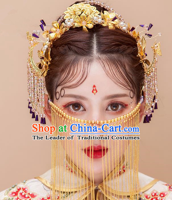 Chinese Ancient Handmade Pearls Phoenix Coronet Tassel Hair Clips Traditional Hairpins Hair Accessories Complete Set for Women
