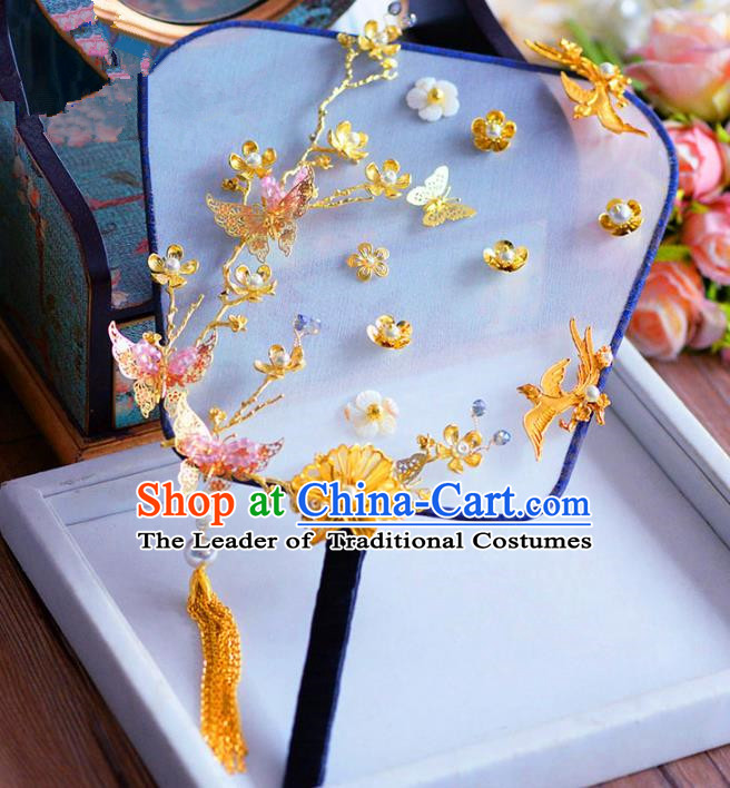 Chinese Handmade Wedding Accessories Golden Butterfly Palace Fans Hanfu Round Fans for Women