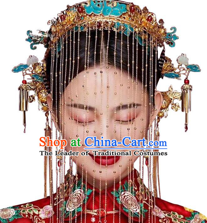 Chinese Ancient Handmade Palace Cloisonne Phoenix Coronet Tassel Step Shake Hair Accessories Traditional Hairpins for Women