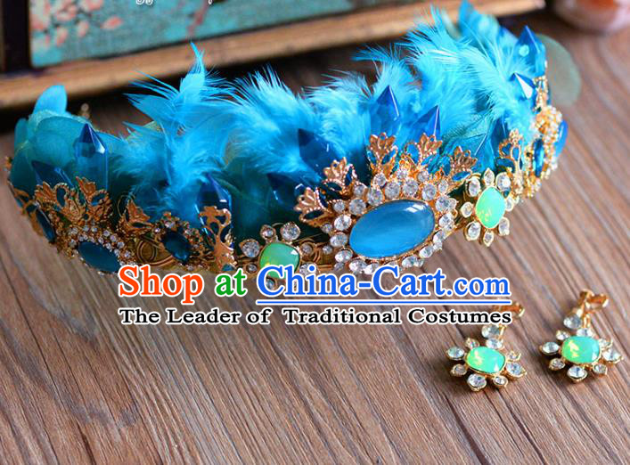 Top Grade Handmade Baroque Hair Accessories Princess Blue Feather Royal Crown Headwear for Women